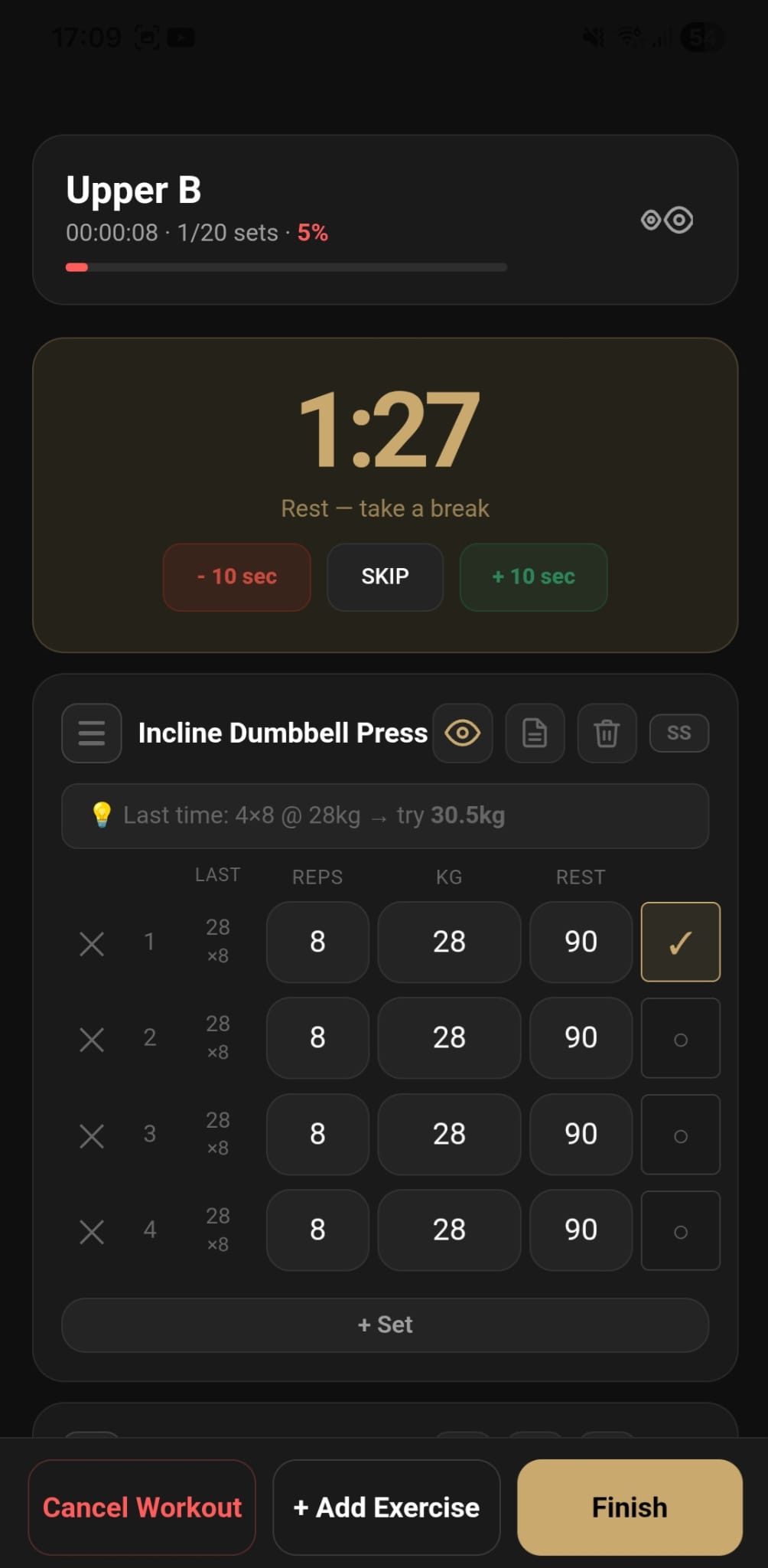 BeeStrong App — active workout screen with rest timer and set tracker