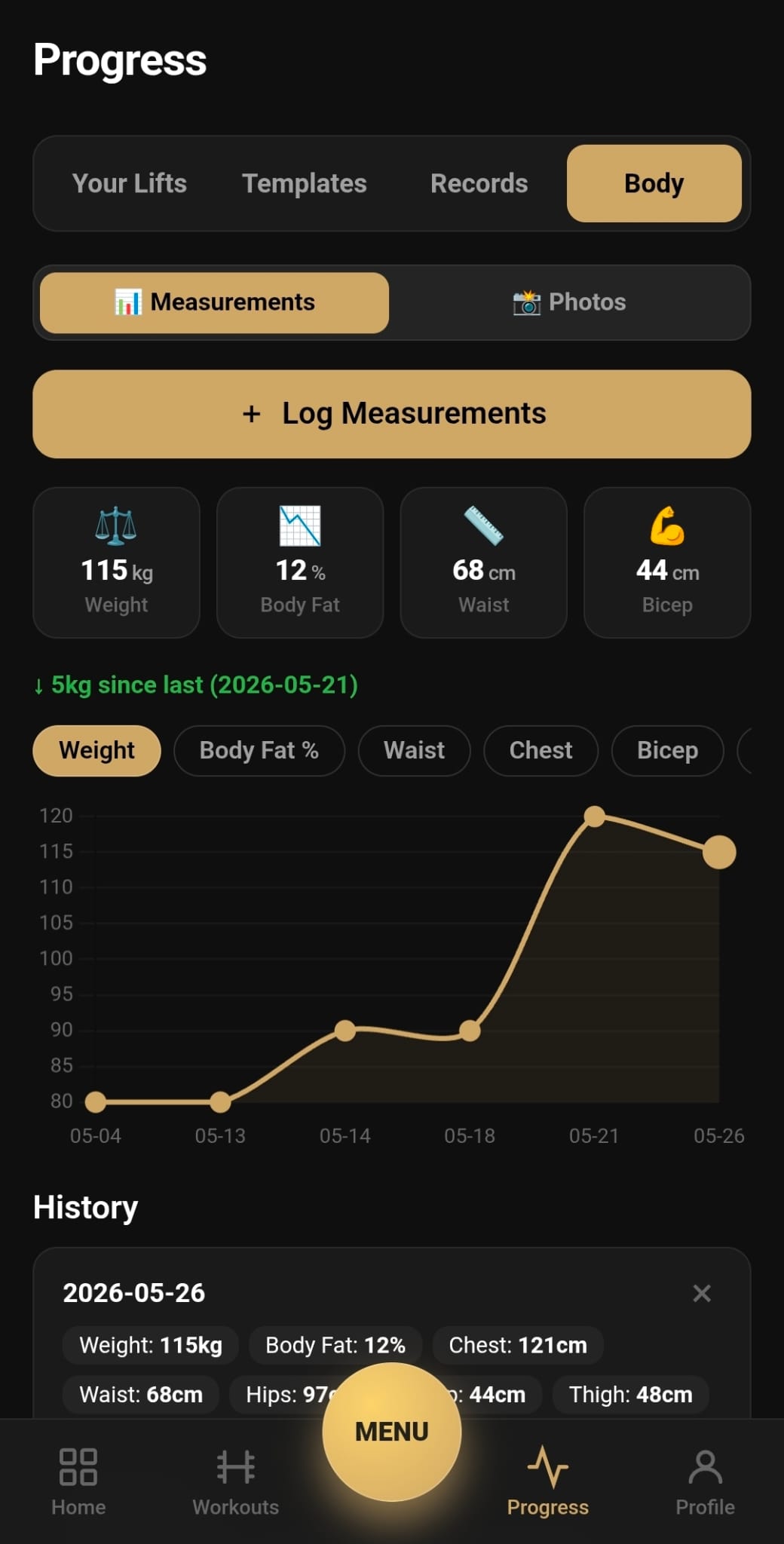 BeeStrong App — body measurements tracking with weight, body fat, waist and bicep over time. Light theme also available.