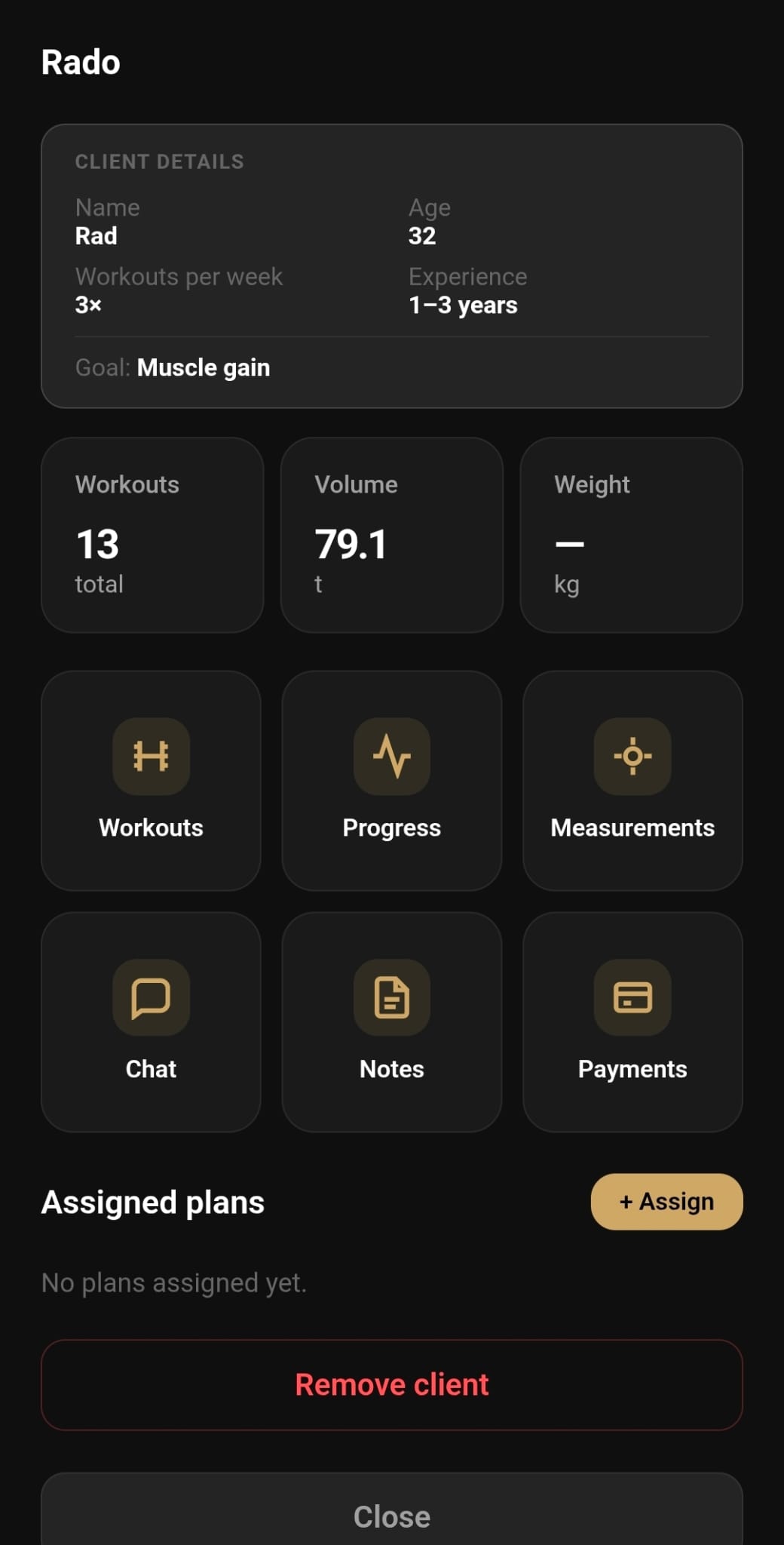 Coach dashboard with client details