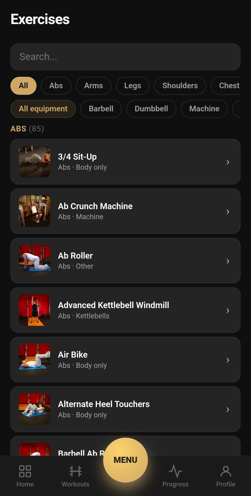 Exercise library with thumbnails, filters by body part and equipment